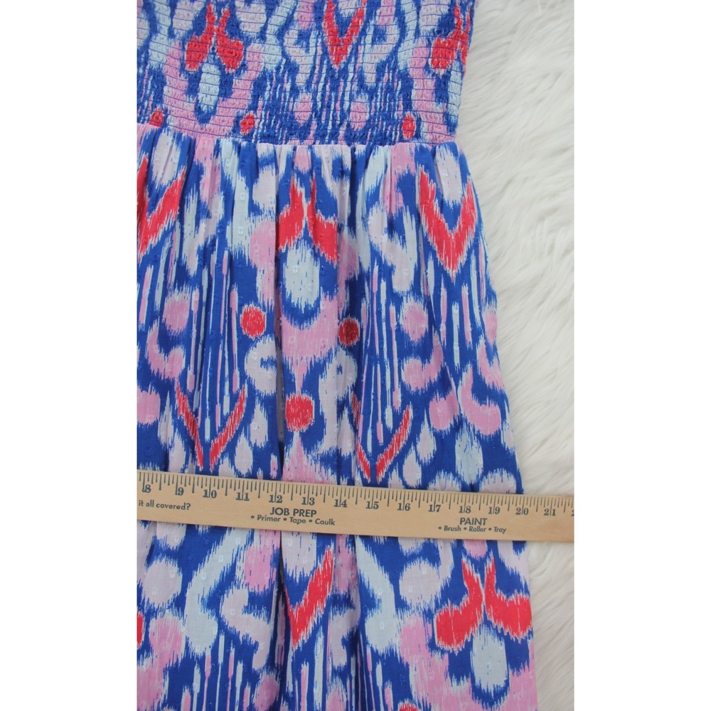 Crown & Ivy Maxi Dress PM Blue Ikat Print Cotton Swiss Dot Smocked Tie NWT #664 - Picture 5 of 14